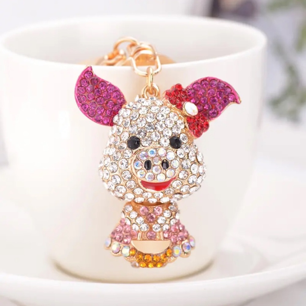 Adorable Pink and Silver Crystal Pig Keychain Charm